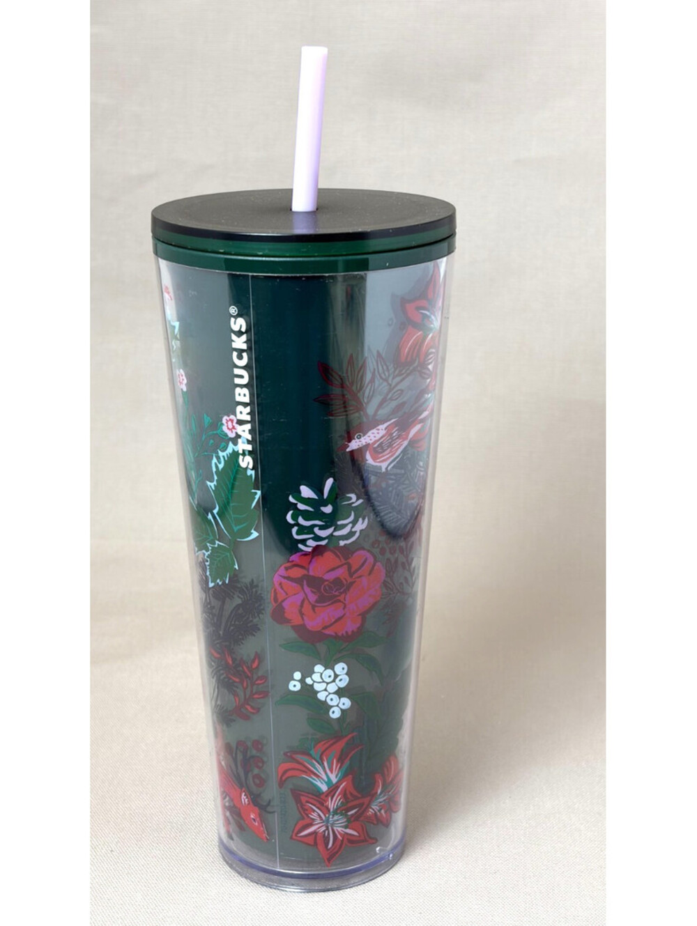 Starbucks Venti Cold Cup Tumbler 24 oz Enchanted Woodland Winter Floral Straw